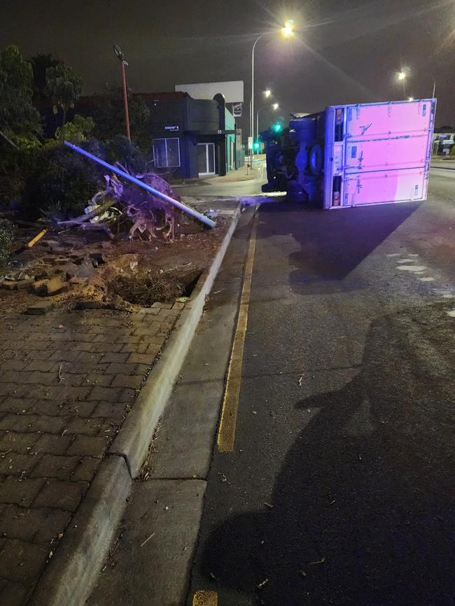 A truck crashed into a light pole and rolled onto its side at Medindie Gardens overnight. Picture: SAPOL