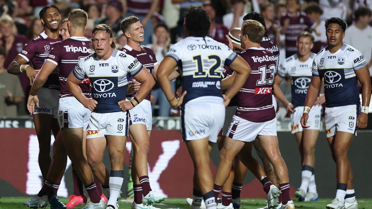 Reuben Cotter and the Cowboys look on after a Sea Eagles try during the round one NRL match between Manly Sea Eagles and North Queensland Cowboys at 4 Pines Park, on March 08, 2025, in Sydney, Australia. (Photo by Cameron Spencer/Getty Images)