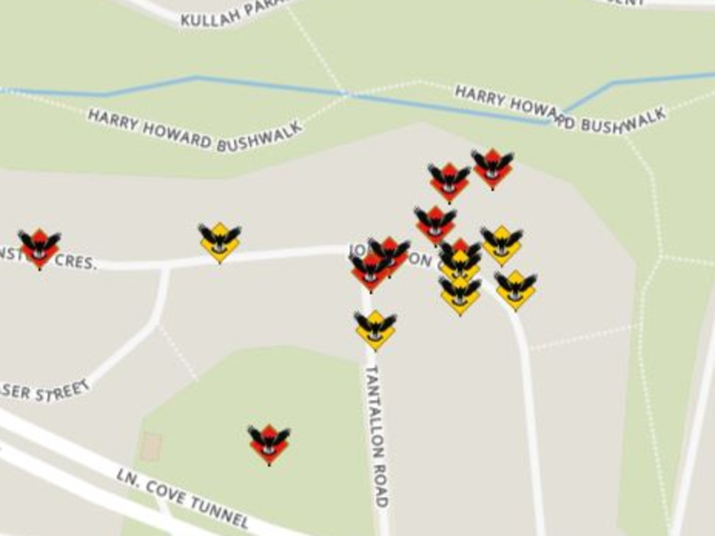 A map showing the number of attacks in the area Lane Cove Council intends to cull a number of magpies. Picture: Magpie Alert