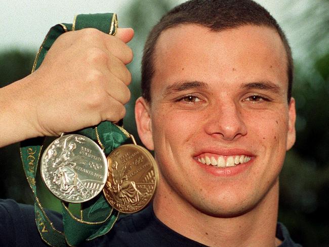 23/08/1996 Swimmer Scott Miller with his medals that he won during the 1996 Atlanta Olympic Games.