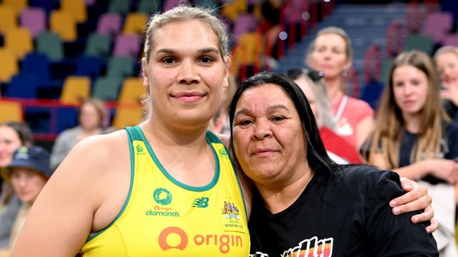 Donnell Wallam poses with her mum after game three of the Diamonds’ sweep of England. Picture: Bradley Kanaris/Getty Images