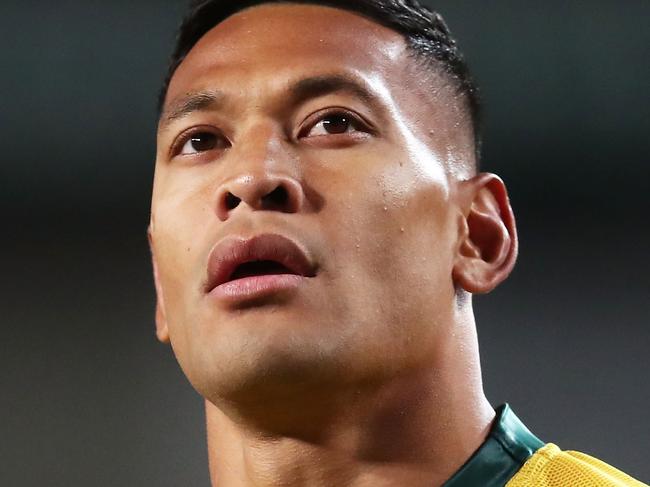 FILE: Israel Folau sacked by Rugby Australia for Homphobic tweet SYDNEY, AUSTRALIA - JUNE 23:  Israel Folau of the Wallabies looks on during the Third International Test match between the Australian Wallabies and Ireland at Allianz Stadium on June 23, 2018 in Sydney, Australia.  (Photo by Matt King/Getty Images)