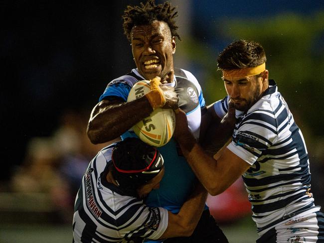 Sharks’ Suliasi Tavodi on his way to scoring a try. Picture: Che Chorley