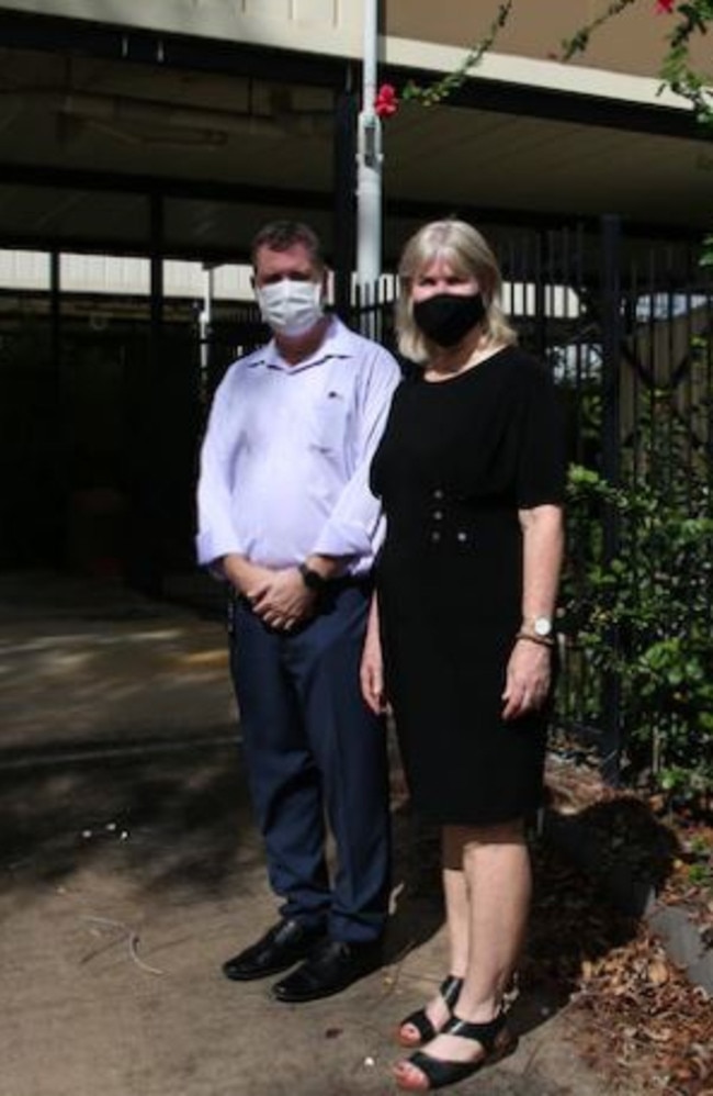 NT government Director of Building Control Mark Meldrum and Infrastructure Minister Eva Lawler announcing in November last year that some Bellamack houses built as part of an affordable housing scheme would be demolished. Picture: ABC Darwin