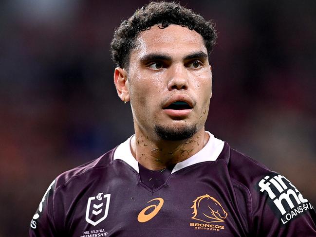 BRISBANE, AUSTRALIA - APRIL 30: Xavier Coates of the Broncos  is seen after scoring a try during the round 8 NRL match between the Brisbane Broncos and the Gold Coast Titans at Suncorp Stadium, on April 30, 2021, in Brisbane, Australia. (Photo by Bradley Kanaris/Getty Images)