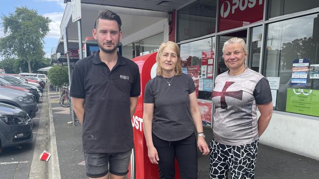 Rubix Cafe's Daniel Daley, Nick's Fruit Shop's Gine Menelaou and IGA Friendly Grocer's Christina Scopas want bollards installed at the Kerrimuir shops. Picture: Kiel Egging.