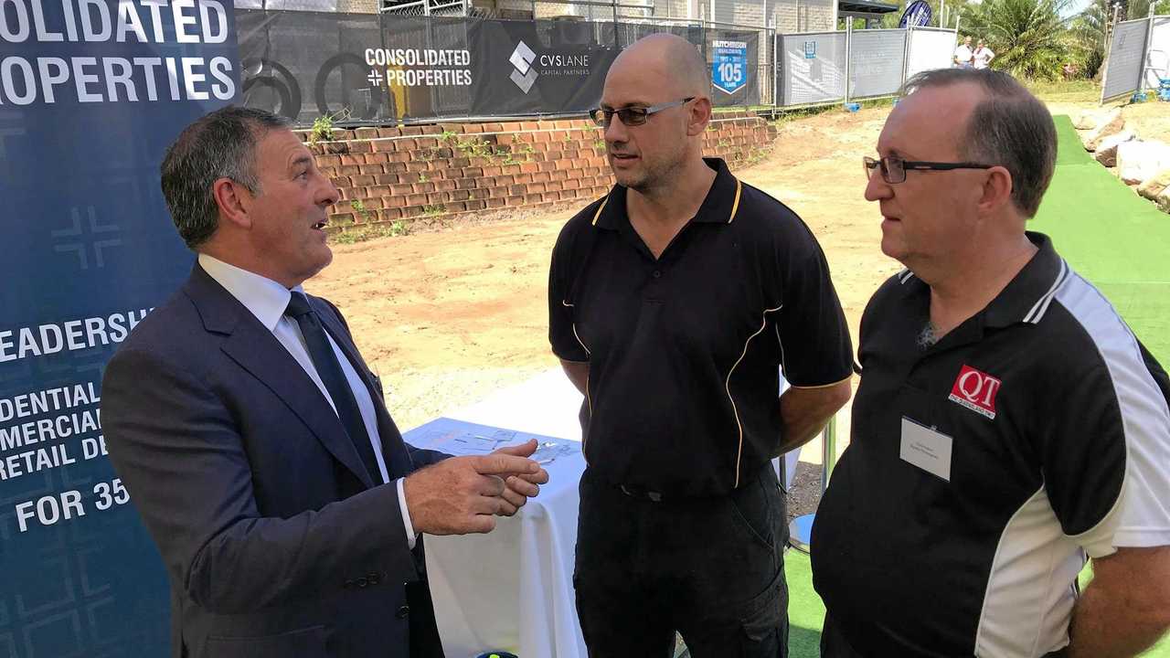 Consolidated Properties executive chairman Don O'Rorke with local business owners Andrew Roberts, Robbo's Bakery and Karalee Newsagency owner Chris Calver. Picture: Helen Spelitis