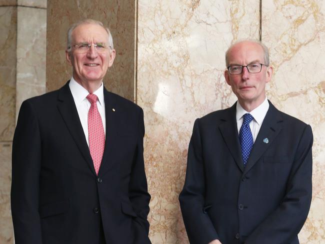 12/5/23: QBE CEO Andrew Horton (right) and Chairman Michael Wilkins at their AGM in Sydney. John Feder/The Australian.