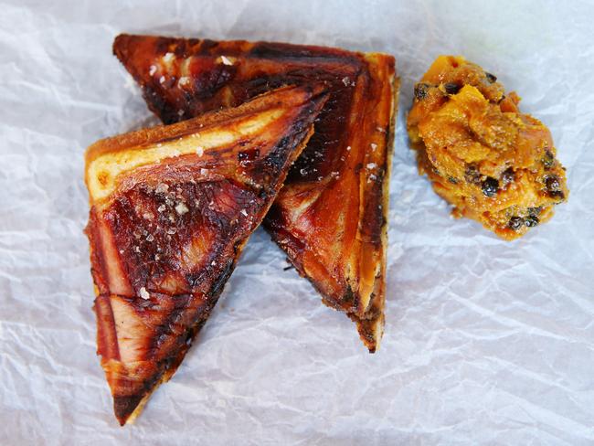 <b>Black pudding and bacon jaffle, cornichons:</b>                        <a href="http://www.4fourteen.com.au/" target="_blank">4 Fourteen, Surry Hills </a>