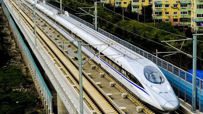 A Chinese high-speed train leaves Shanghai.