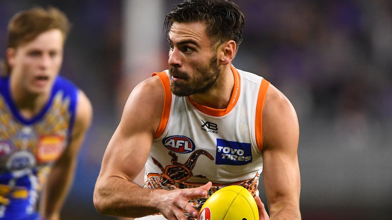 PERTH, AUSTRALIA - AUGUST 23: Stephen Coniglio of the Giants looks at his options during the 2020 AFL Round 13 match between the West Coast Eagles and the GWS Giants at Optus Stadium on August 23, 2020 in Perth, Australia. (Photo by Daniel Carson/AFL Photos via Getty Images)