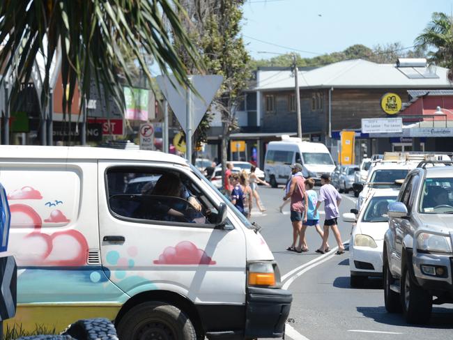 Heavy traffic in Byron Bay on Monday, November 23, 2020. The town has been busy as school-leavers prepare to celebrate an informal schoolies and other travellers have been flocking to the seaside town. Picture: Liana Boss