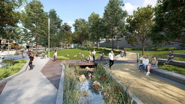 An artist’s impression of the Batman Hill Park, part of the Greenline Project in Docklands. Picture: Supplied