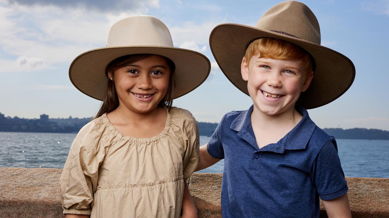 Mila and Hugo, both seven, in their Akubras. The classic Australian hat has been honoured with its own $1 coin as part of Australia Post’s Great Aussie Coin Hunt. Picture: Australia Post/David Swift.