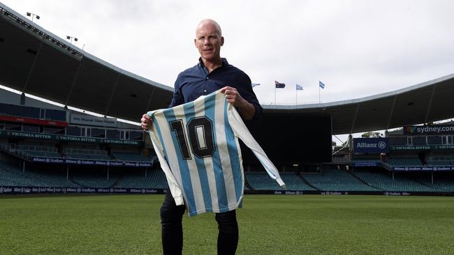 Former Socceroo Robbie Slater with the Argentina jersey given to him by Diego Maradona Picture: David Swift