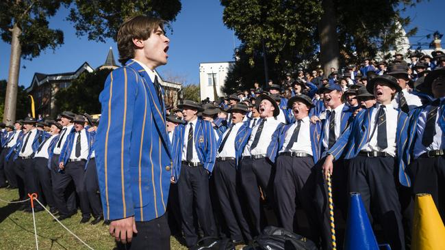 Zac Pherous leads the TGS chant during the O'Callaghan Cup match on Grammar Downlands Day at Toowoomba Grammar School, Saturday, August 19, 2023. Picture: Kevin Farmer