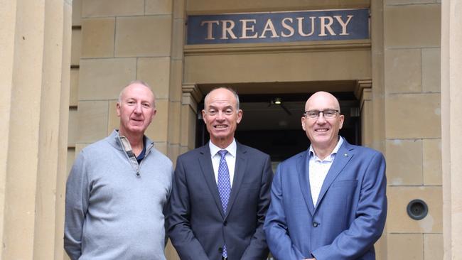 Paul Jubb, Guy Barnett, and Michael Bailey outside the Treasury Building in Hobart.
