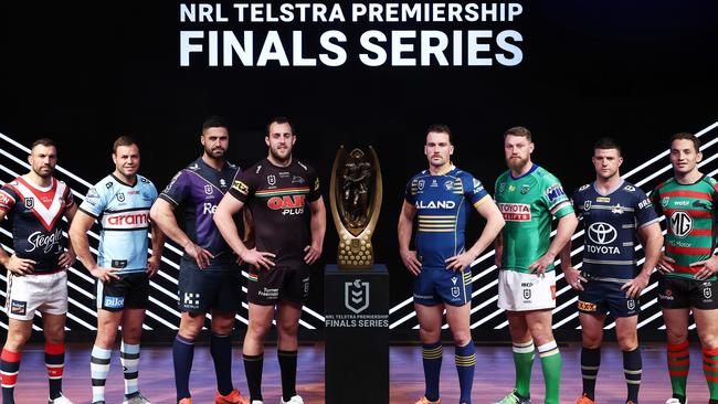 SYDNEY, AUSTRALIA - SEPTEMBER 05: NRL captains participating in the 2022 NRL Finals Series (L-R) James Tedesco of the Sydney Roosters, Wade Graham of the Cronulla-Sutherland Sharks, Jesse Bromwich of the Melbourne Storm, Isaah Yeo of the Penrith Panthers, Clint Gutherson of the Parramatta Eels, Elliott Whitehead of the Canberra Raiders, Chad Townsend of the North Queensland Cowboys and Cameron Murray of the South Sydney Rabbitohs pose during the 2022 NRL Finals Series Launch at Telstra on September 05, 2022 in Sydney, Australia. (Photo by Matt King/Getty Images)