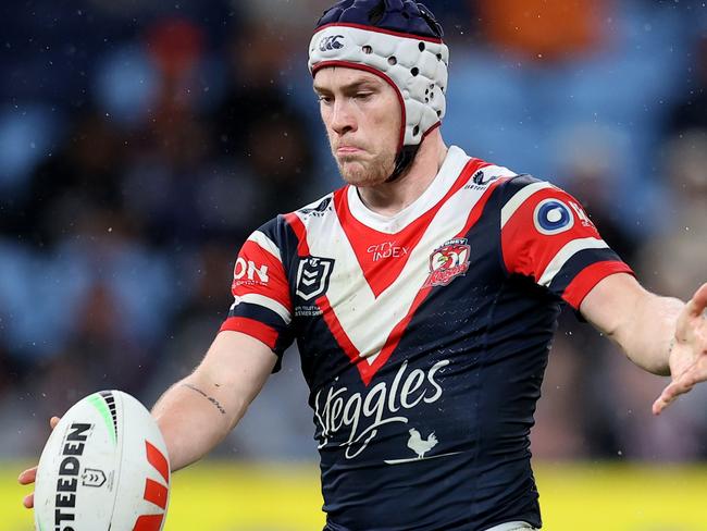 SYDNEY, AUSTRALIA - JUNE 30: Luke Keary of the Roosters kicks during the round 17 NRL match between Sydney Roosters and Wests Tigers at Allianz Stadium, on June 30, 2024, in Sydney, Australia. (Photo by Brendon Thorne/Getty Images)