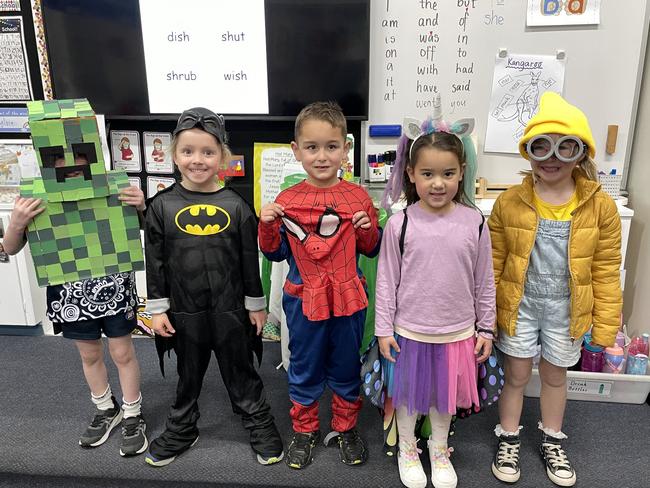 St Kilian's Primary School students Leo Crameri, Naomi Olver, Jarrah Dale, Gabby Hall and Aine Barrett dressed up for Book Week. Picture: Gianni Francis.