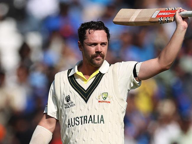 LONDON, ENGLAND - JUNE 07: Travis Head of Australia celebrates after reaching his century during day one of the ICC World Test Championship Final between Australia and India at The Oval on June 07, 2023 in London, England. (Photo by Ryan Pierse/Getty Images)