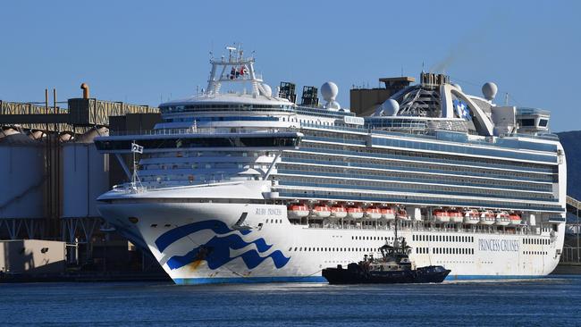 The Ruby Princess, with crew only on-board, docks at Port Kembla. Picture: AAP Image/Dean Lewins.