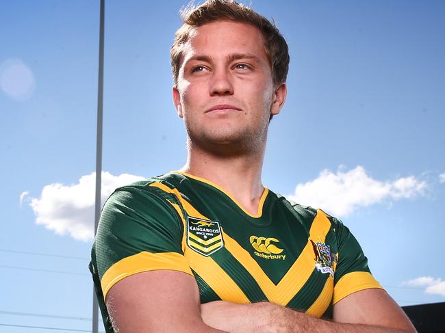 Pictured at Penrith Panthers Academy in Penrith is Matt Moylan wearing his Kangaroos jumper after being selected for the 2016 Kangaroos Tour. Picture: Richard Dobson