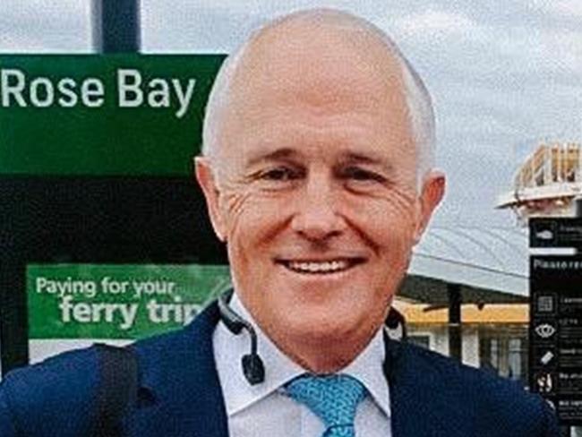 Image posted on twitter by Dave Sharma showing Sharma and Malcolm Turnbull at Rose Bay wharf in Sydney, 12-04-2019. Caption reads 'Amazing who you see at a commuter stop!