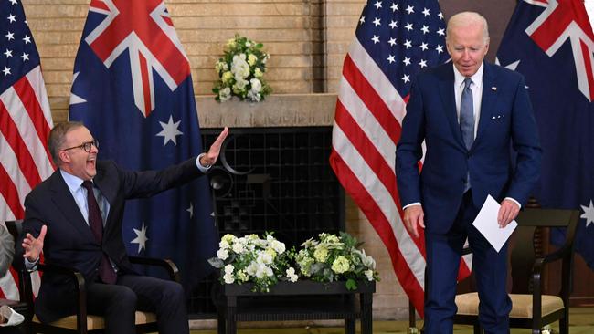 TOPSHOT - US President Joe Biden and Australian Prime Minister Anthony Albanese (L) hold a meeting during the Quad Leaders Summit at Kantei in Tokyo on May 24, 2022. (Photo by SAUL LOEB / AFP)