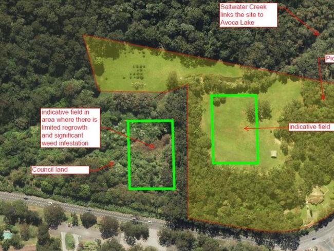 An aerial image showing the proposed fields, the private land being offered for donation and the COSS land. Picture: supplied