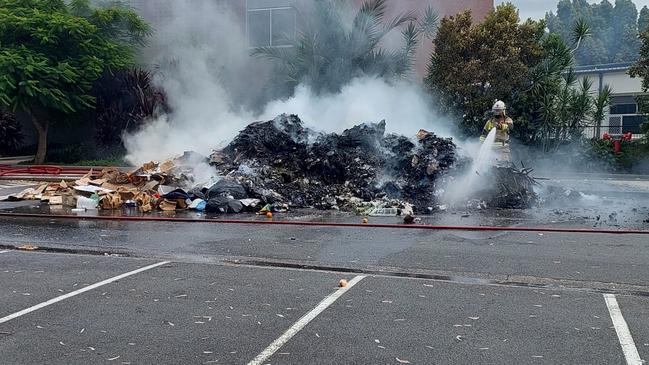 A rubbish truck was forced to dump its load after the wast burst into flames outside Aquinas College on Sunday, February 2, Picture:  Dean McNicol