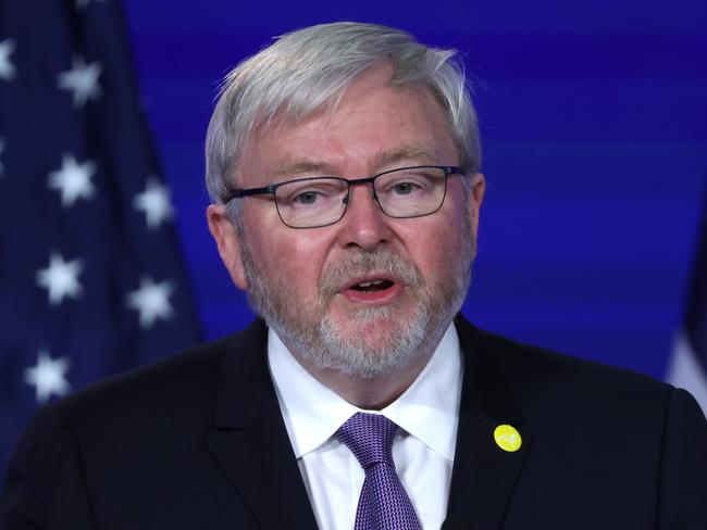 Kevin Rudd introduces US Secretary of State Antony Blinken during an event at George Washington University in May hosted by the Asia Society Policy Institute. Picture: Getty Images