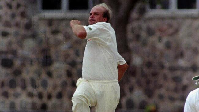 Carl Rackemann bowling during Australia v West Indies Presidents Eleven (XI), in St (Saint) Kilts, 16/04/95. Pic Ray Titus Sport / Cricket / Action Tour 1995