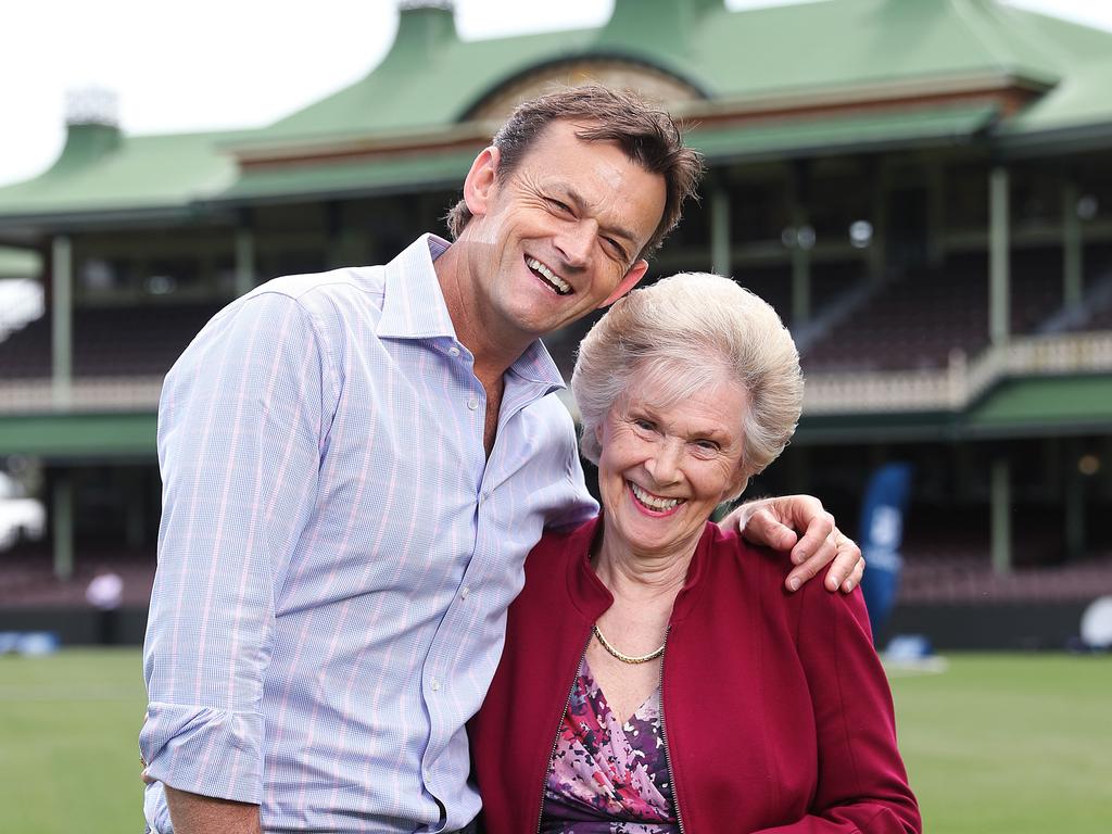 Daphne Benaud with Fox Cricket's Adam Gilchrist at the Fox Cricket channel launch. Picture: Brett Costello