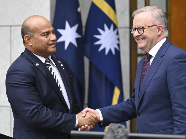 CANBERRA, AUSTRALIA  - NewsWire Photos - December 9, 2024: President of the Republic of Nauru,ÃÂ His Excellency David Ranibok AdeangÃÂ and Prime Minister Anthony Albanese hold a press conference at Parliament House in Canberra. Picture: NewsWire / Martin Ollman