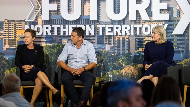 Lia Finocchiaro Leader of the Opposition NT, Matt Cunningham Sky News and Chief Minister Eva Lawler at the NT News Futures Northern Territory forum 2024. Picture: Pema Tamang Pakhrin