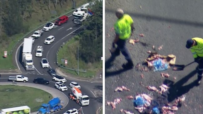 The crash caused chicken to spill across the road