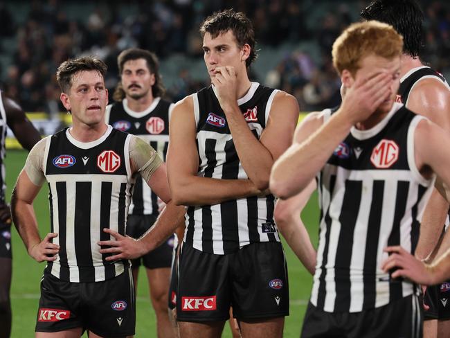ADELAIDE, AUSTRALIA - MAY 10: The Power after tehir loss during the 2025 AFL Round 09 match between the Port Adelaide Power and the Adelaide Crows at Adelaide Oval on May 10, 2025 in Adelaide, Australia. (Photo by James Elsby/AFL Photos via Getty Images)