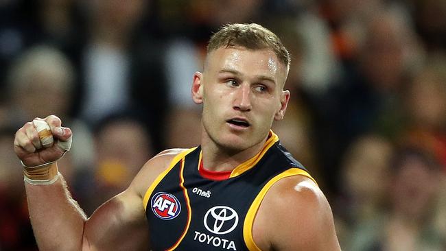 ADELAIDE - APRIL 13: Rory Laird of the Crows celebrates a goal during the 2023 AFL Round 05 match between the Adelaide Crows and the Carlton Blues at Adelaide Oval on April 13, 2023 in Adelaide, Australia. (Photo by Sarah Reed/AFL Photos via Getty Images)