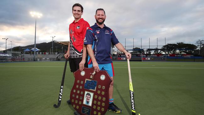 Liam Whipp and Damian Agius will compete for the Dan Carroll premiership shield when Souths and Saints face each other in the Cairns Hockey Association A Grade Men's grand final match. PICTURE: BRENDAN RADKE