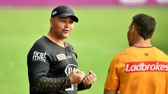 Broncos coach Anthony Seibold (L) is excited by the 18-year-old whiz kid. Picture: AAP