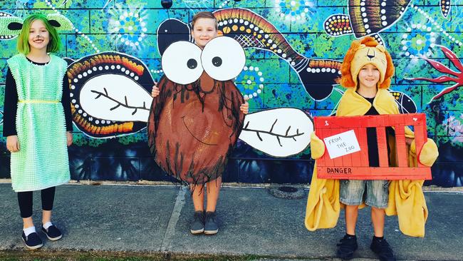 Alexis Ware (Where Is The Green Sheep), Zavian Ware (Fly Guy) and Memphis Ware (Dear Zoo) from Waterford State School ready for Book Week 2019. Picture: Gina Davis