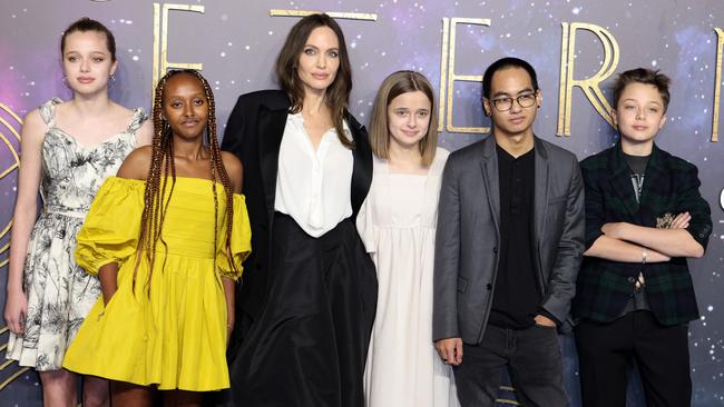 Shiloh Jolie-Pitt, Zahara Jolie-Pitt, Angelina Jolie, Vivienne Jolie-Pitt, Maddox Jolie-Pitt and Knox Jolie-Pitt attend the <i>Eternals</i> UK Premiere in 2021. Picture: Tim P. Whitby/Getty Images