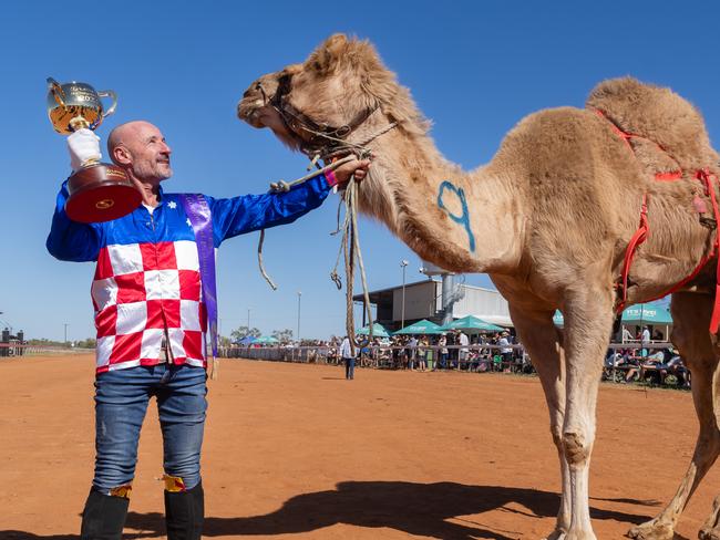 Glen Boss riding Billy the Camel in the heats at the Boulia Camel Races. Pic Jay Town