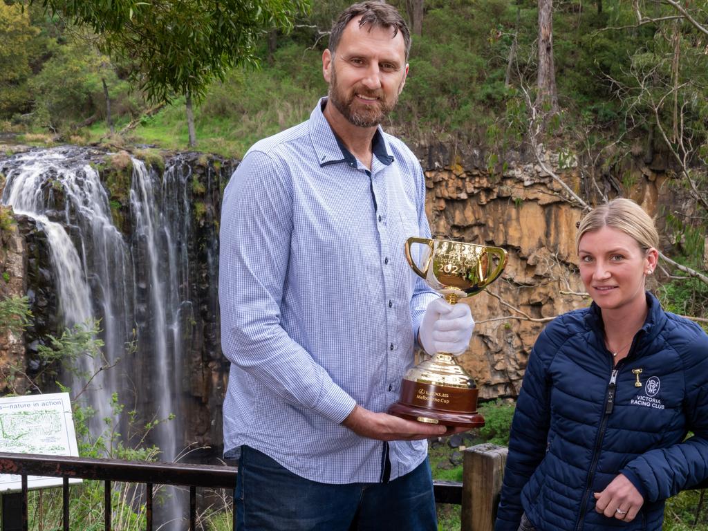 Chris Anstey and Jamie Kah at Trentham Falls as part of the Lexus Melbourne Cup Tour 2024. Picture: Jay Town