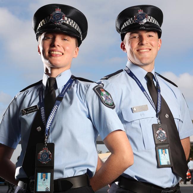 Constables Elanna Denais and Scott Miller graduate yesterday. Picture: Liam Kidston