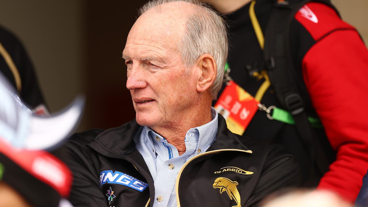 WAGGA WAGGA, AUSTRALIA - APRIL 29: Dolphins coach Wayne Bennett watches on from the stands before the round nine NRL match between the Canberra Raiders and Dolphins at McDonalds Park on April 29, 2023 in Wagga Wagga, Australia. (Photo by Mark Nolan/Getty Images)