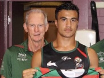 Joseph Suaalii with Wayne Bennett and John Sutton after signing with South Sydney