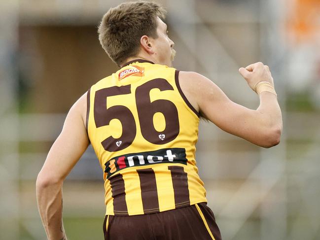 MELBOURNE, AUSTRALIA - AUGUST 13: Fergus Greene of the Hawks celebrates a goal during the round 21 VFL match between Box Hill and Geelong at Box Hill City Oval on August 13, 2022 in Melbourne, Australia. (Photo by Jonathan DiMaggio/AFL Photos/via Getty Images)