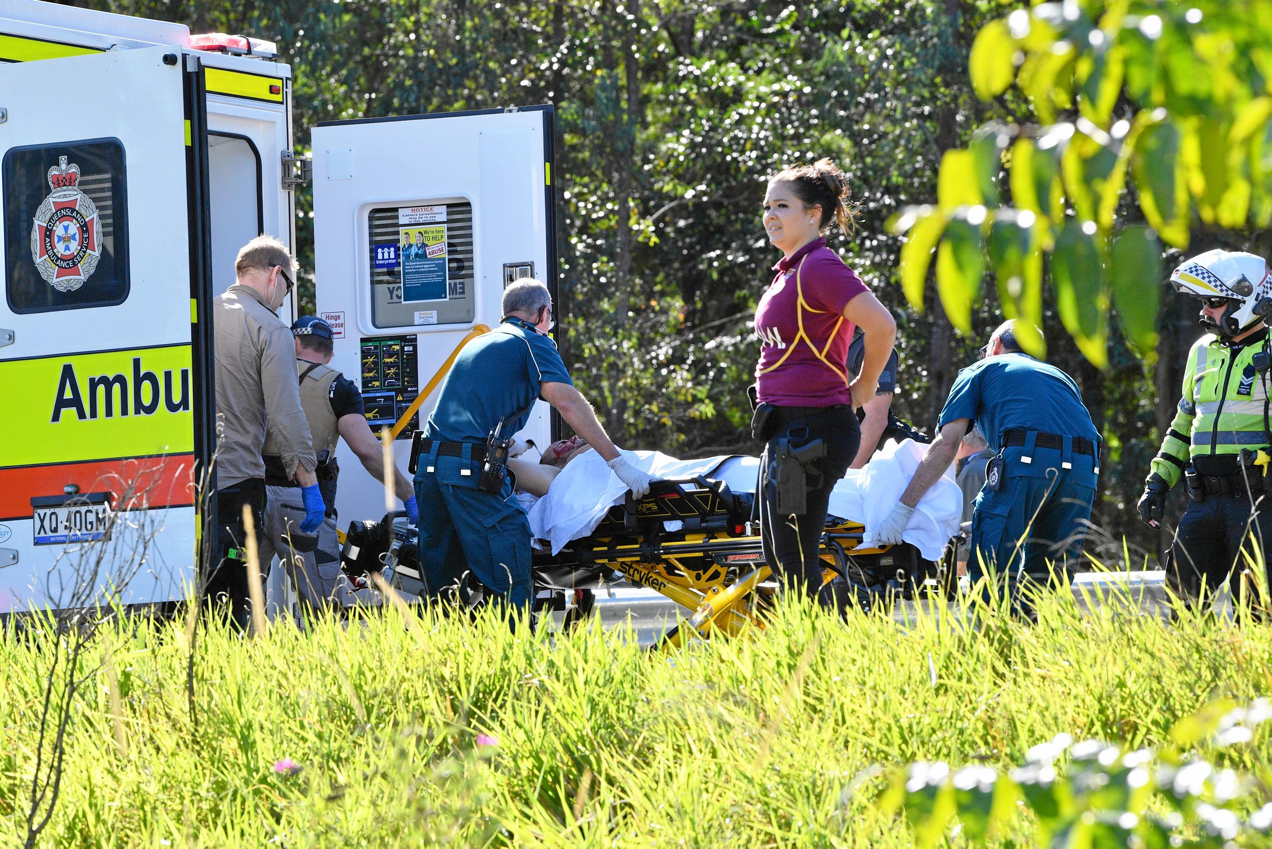 The police chased a car from north of Gympie and dozens of police apprehended a man near Parklands, just north of Nambour on the Bruce Highway. Traffic was stopped in both directions for several hours.